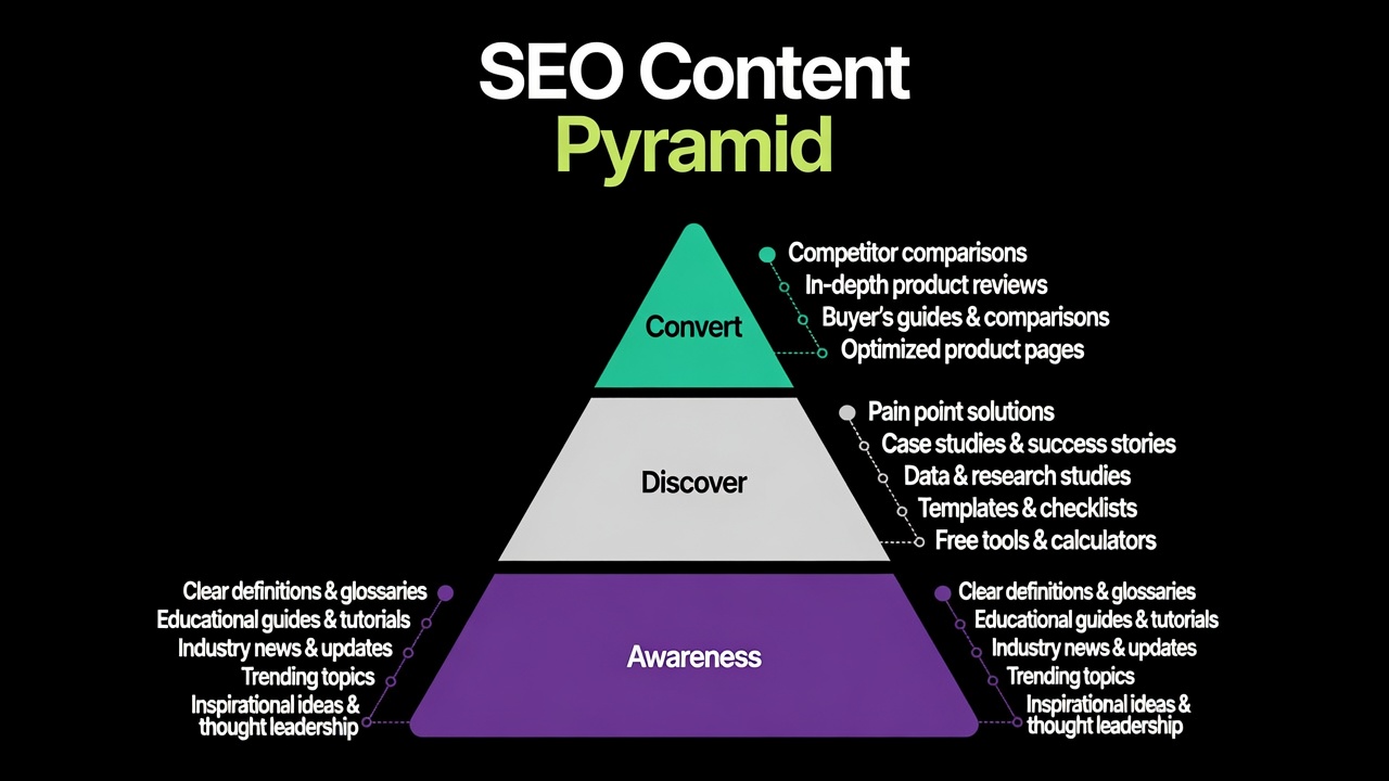 SEO Content Pyramid framework showing Convert, Discover, and Awareness layers - Photo by Shaun Enslin