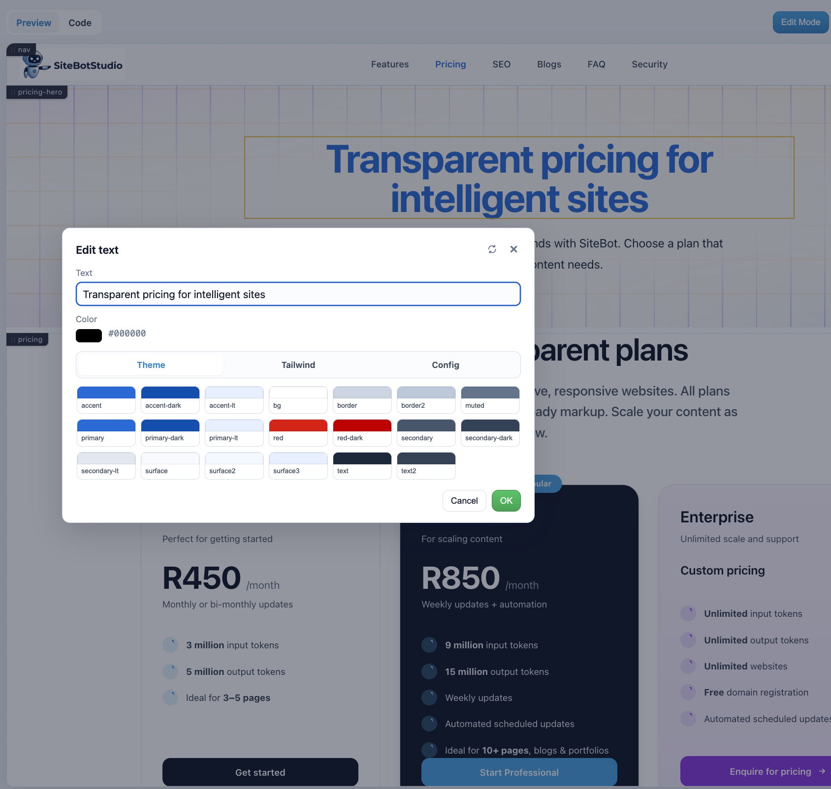 SiteBot Edit Mode WYSIWYG editor