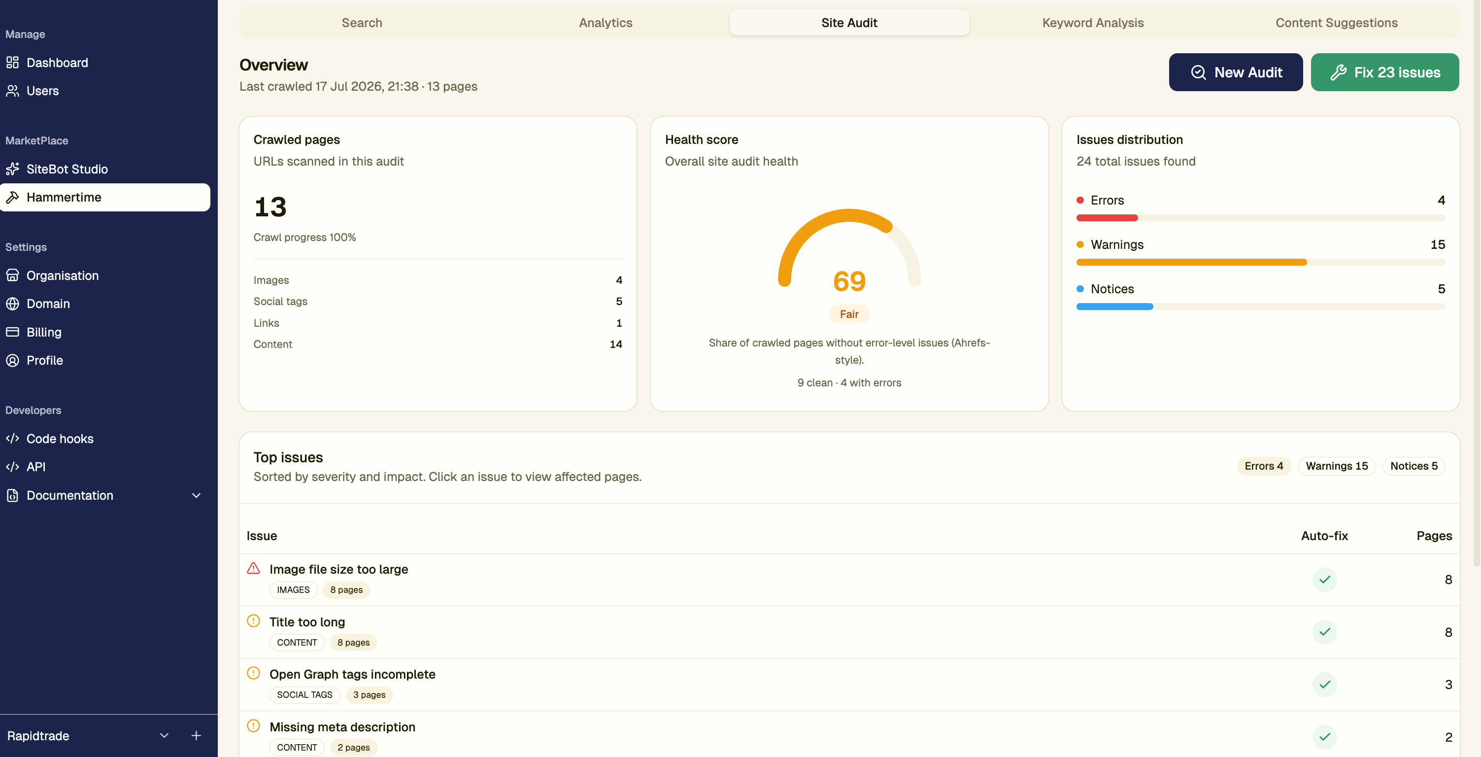 SiteBotStudio Hammertime site audit dashboard showing crawl progress, issues breakdown, and detailed metrics
