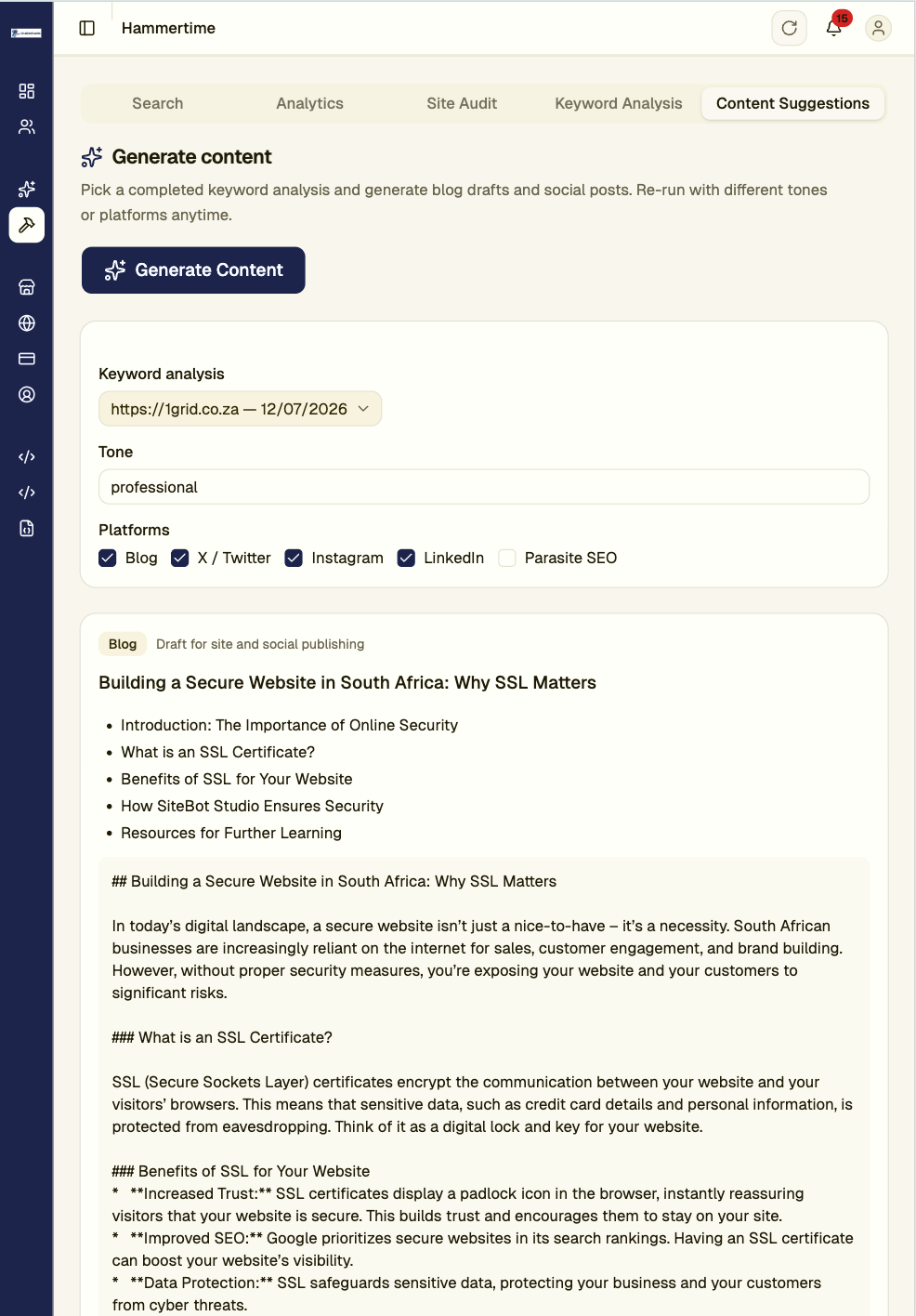 Content Suggestions dashboard - AI-generated blog topics and social media posts aligned with keyword strategy
