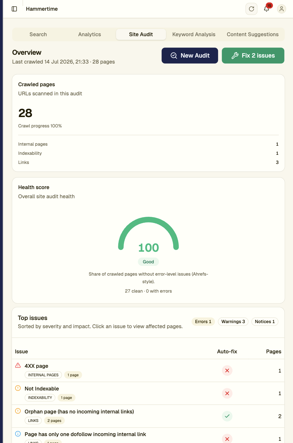 SEO Site Audit Dashboard - Shows errors, warnings, and notices with auto-fix capabilities