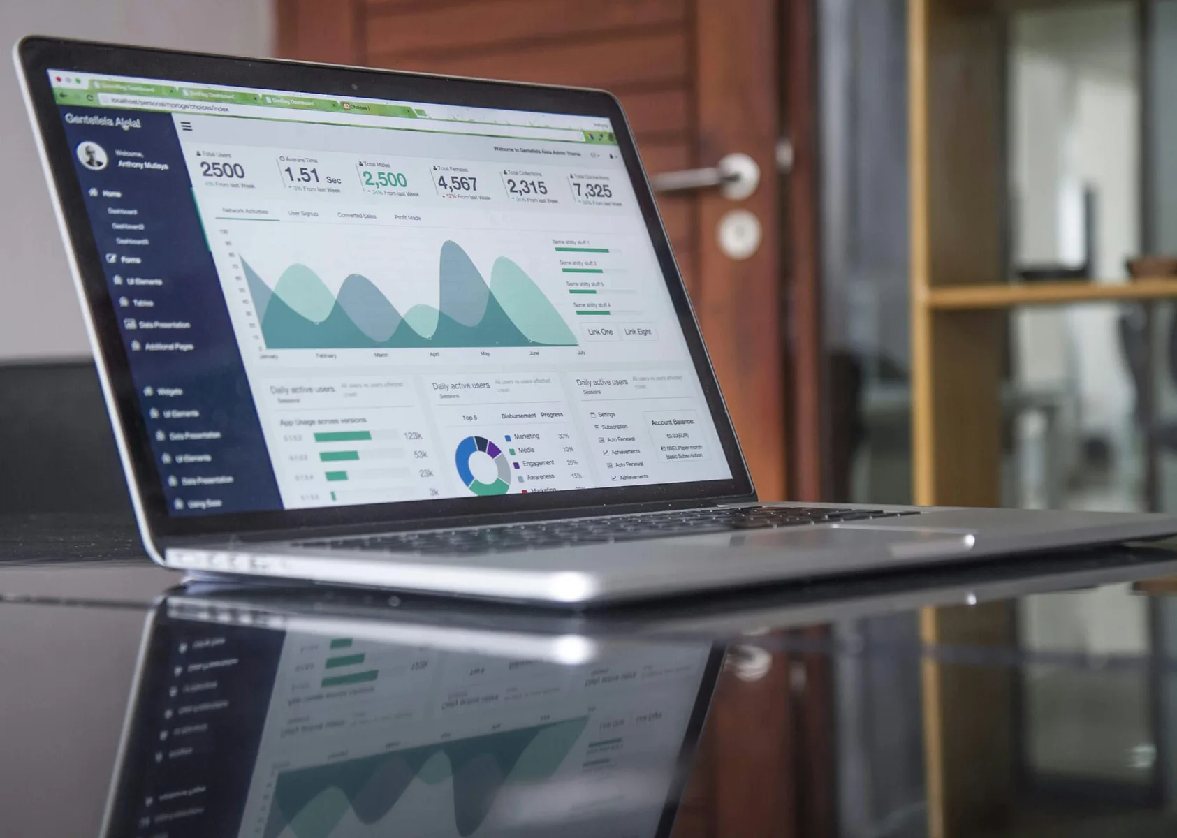Modern workspace with laptop showing website analytics and business growth data
